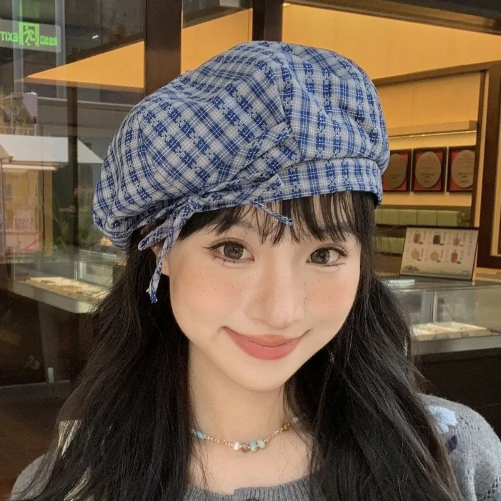 

Cool Bow Plaid Beret Hat Korean Style Lattice Women Painter Hat Keep Warm Cloud Hat Women Octagonal Cap Outdoor