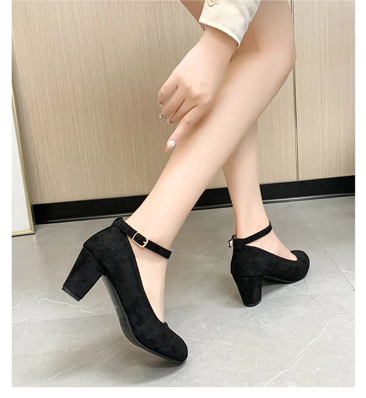 Women\'s Shoes Spring  New In Versatile Suede Heels Buckle Block Heel  Light Mouth Professional Single Shoe Woman