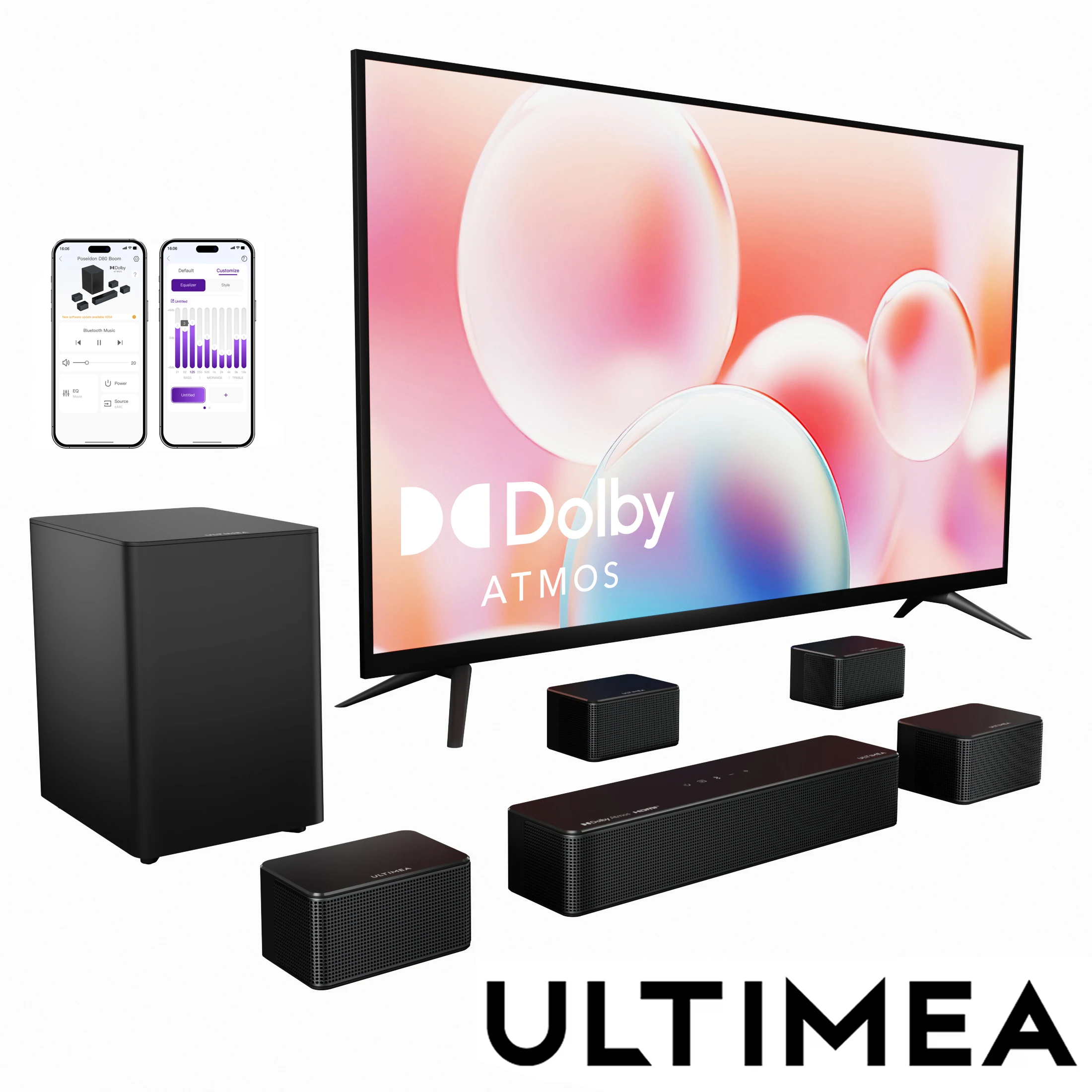 

ULTIMEA 7.1Ch Soundbar with Dolby Atmos, APP Control, Surround Sound System for TV, 4 Wired Surround Speakers, Sound Bar for TV