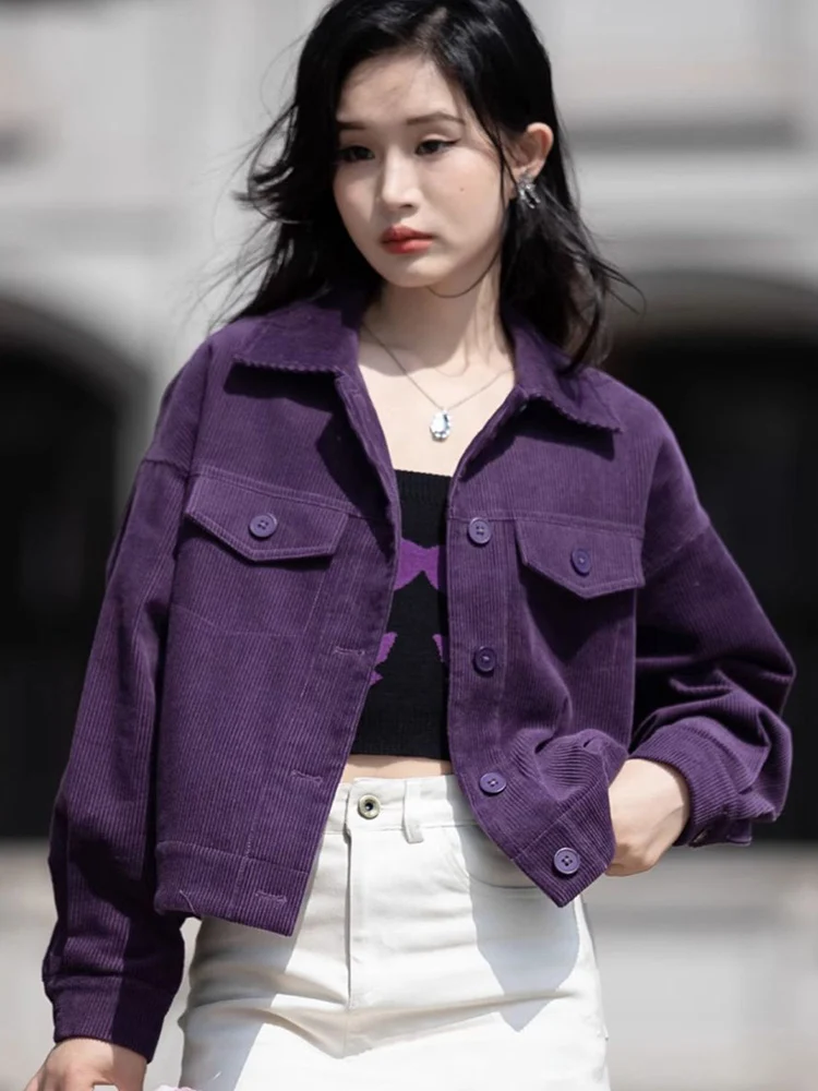 

Фиолетовая вельветовая куртка в стиле ретро, женское повседневное осеннее пальто с длинными рукавами, корейское пальто с отложным воротником, винтажные женские универсальные однотонные новые топы