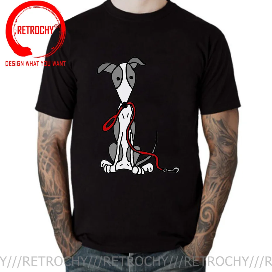 Funny Men's T Shirt Man Dark Grey T-shirt Cotton Clothes Cute Greyhound Dog With Red Leash Cartoon Tops Tees Summer Fall TShirt