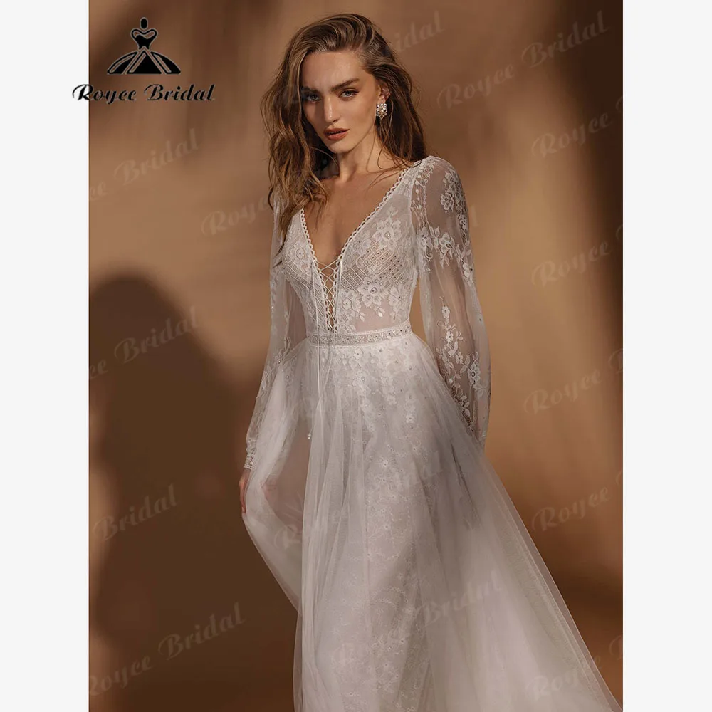 Rustic Long Sleeve Destination Deep V Neck Lace Boho Beach Wedding Dress for Women 2024 Backless Bridal Gown vestidos de novia