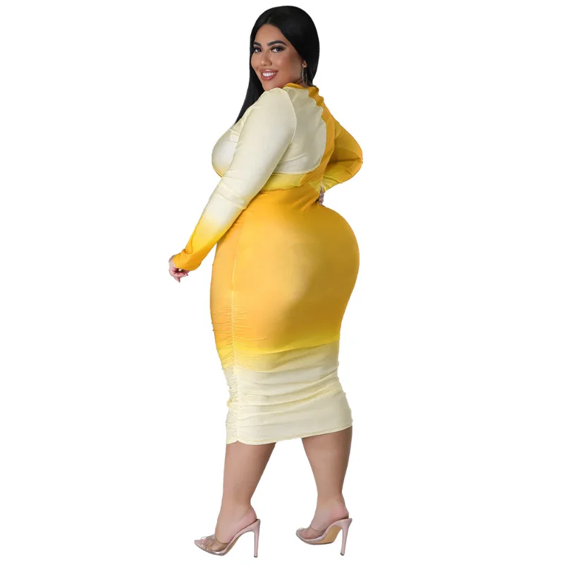 WSFEC L-5XL Plus Size Dresses Women Clothing Fashion Gradient Printing Patchwork Long Sleeve Bodycon Sexy Club Party Midi Dress