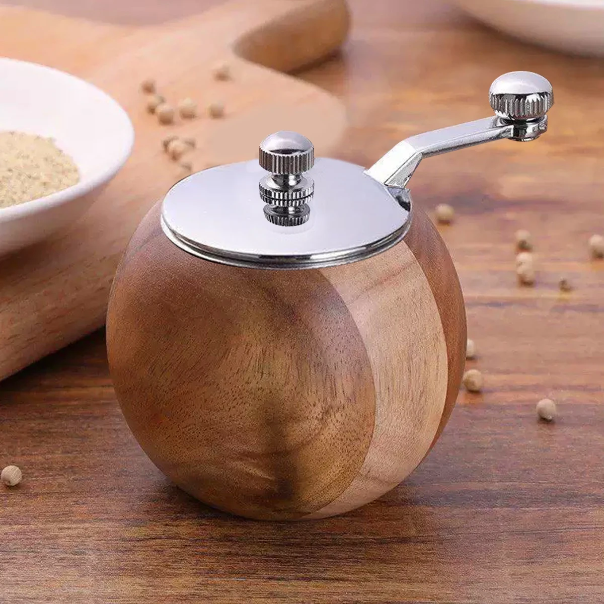 1PC-Round Ball Grinder Hand Crank Rosewood Pepper Mill Base Ceramic Core Manual Pepper Grinder Kitchen Tool