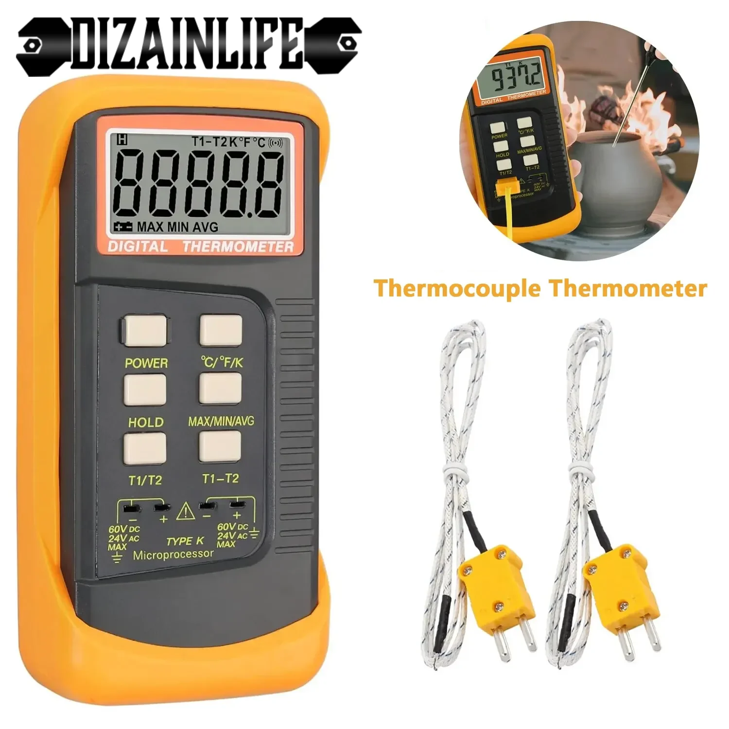 Professional LCD Thermocouple Thermometer -50C-1300C K-Type Digital Temperature Meter Dual Channel Probe C/F/K Swift Data Hold