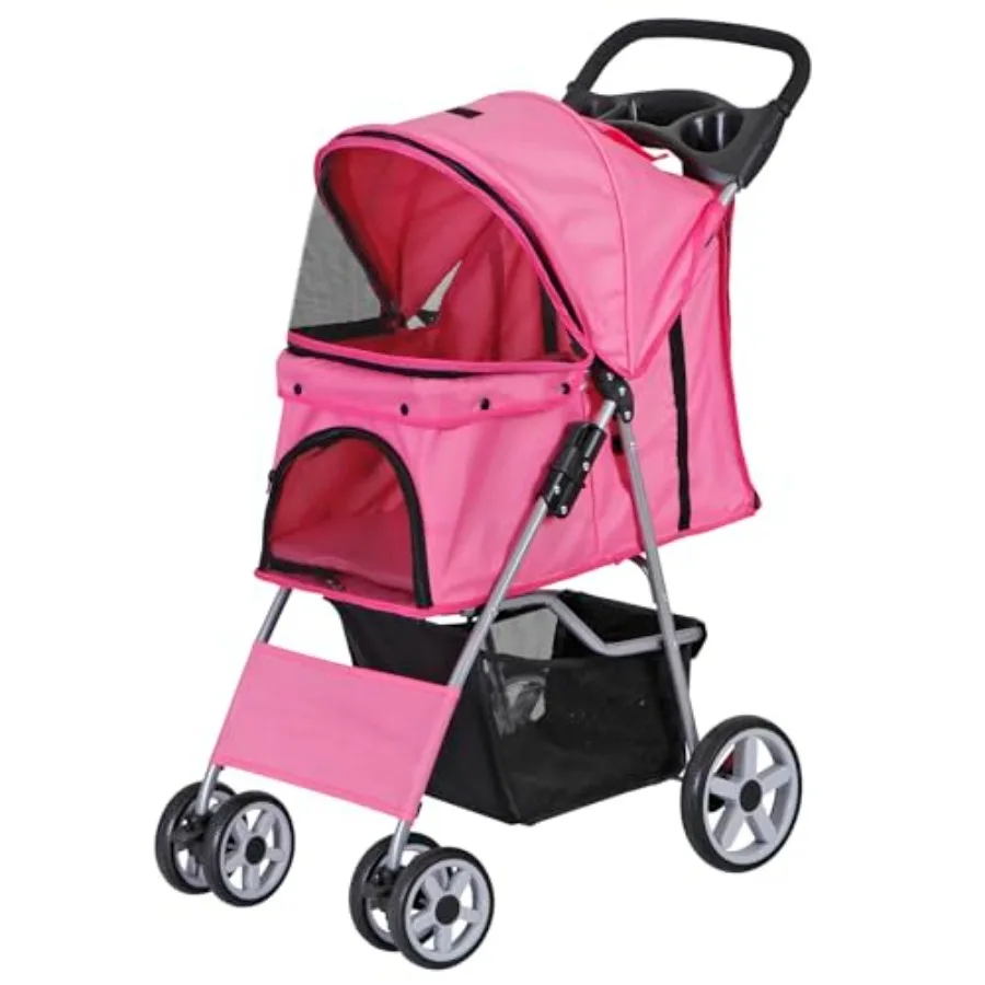 

Pet Stroller for Small Medium Dogs and Cats: 4-Wheel Foldable Jogger with Storage Basket, Cup Holder, Pink Polyester Fabric, Tr