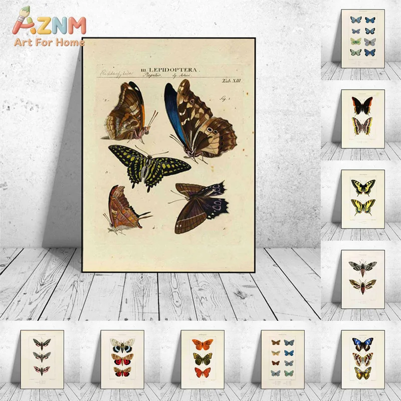 AZNM Vintage Butterfly Moth Canvas Wall Art Botanical Insect Illustration Print for Home Decor