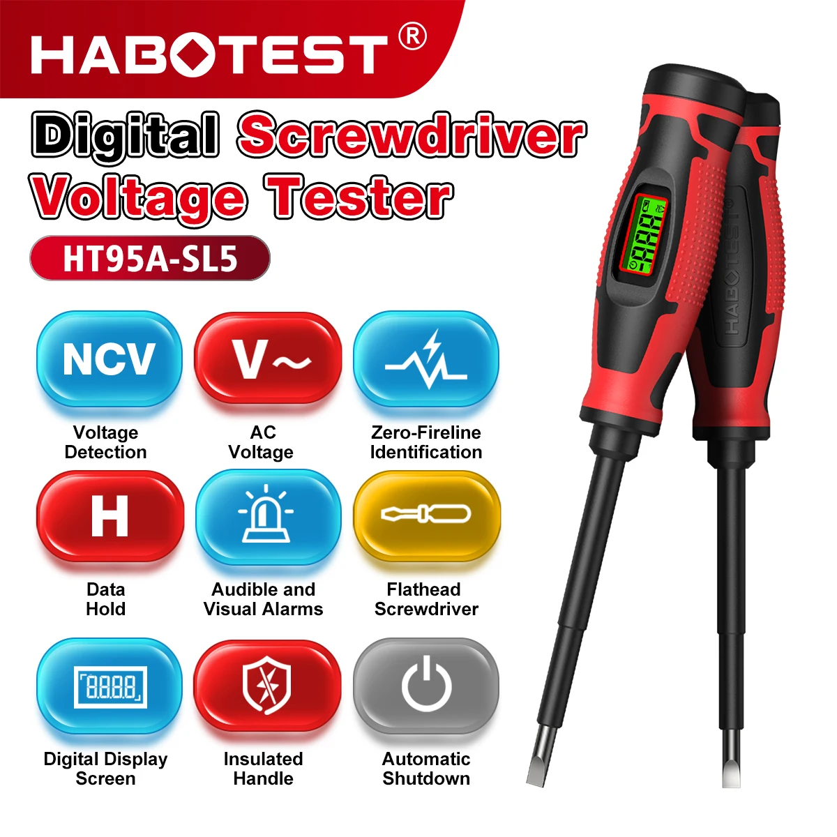 HABOTEST HT95A-SL5 Digital Screwdriver Voltage Tester 60-1000V AC NCV Detection LCD Display Electric Pen