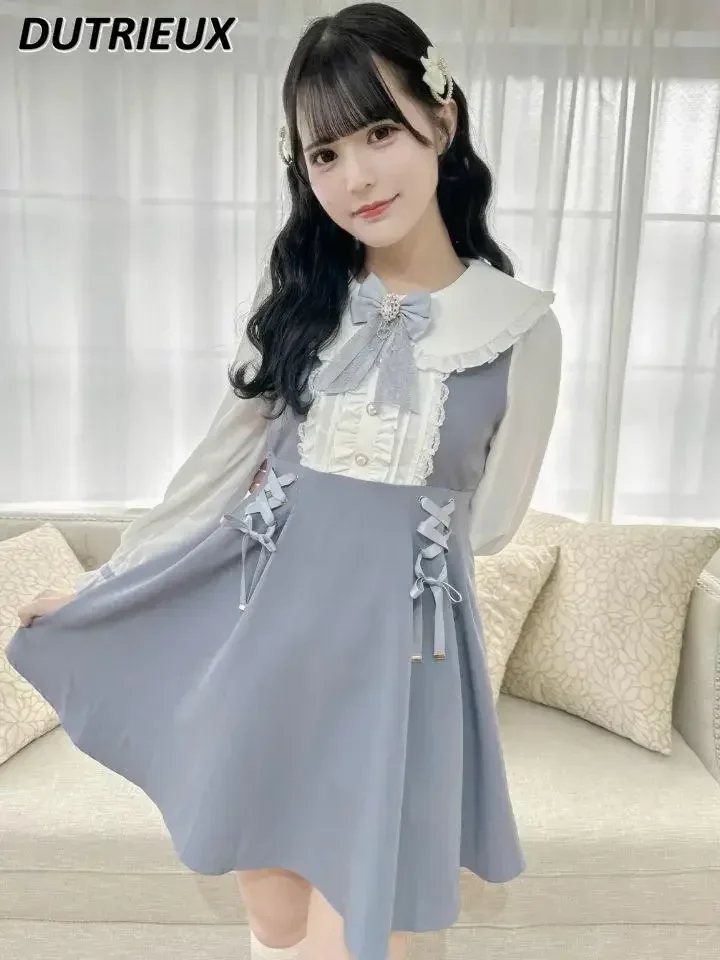 Side Strap Lace Large Lapel Long-sleeved Waist Slimming Dress Rojitas Japanese Mine Sweet Girls Bow Color Matching Dresses