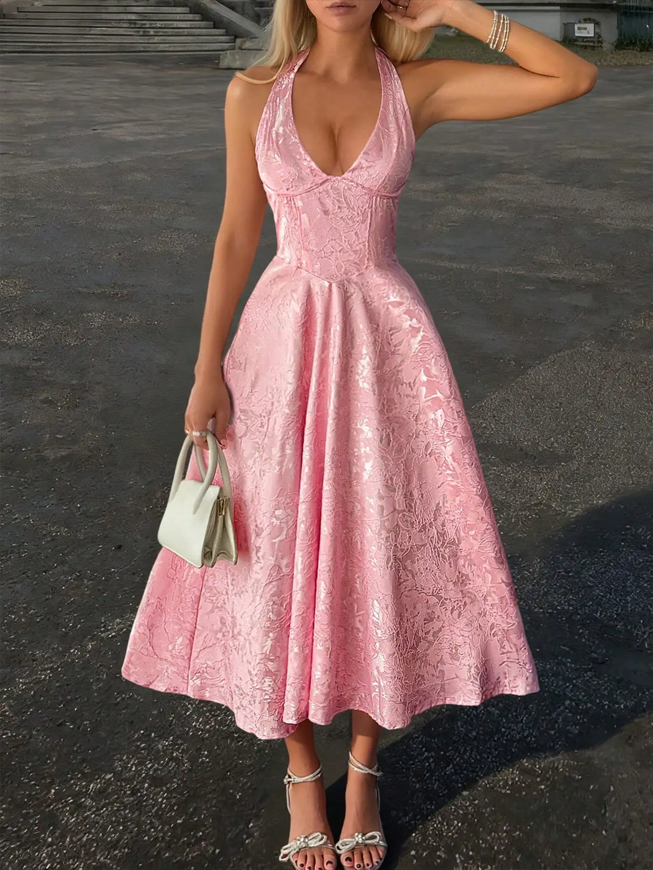 Pink A-Line Halter Neck 3D Jacquard Midi Dress With Deep V-Neck, Perfect For Cocktail, Wedding, Gala And Formal Summer Events