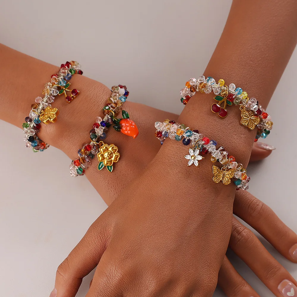 European American Sweet Multicolor Faceted Crystal Dual Use Hair Band Bracelet Fruit Floral Charms Elastic Ponytail Accessories