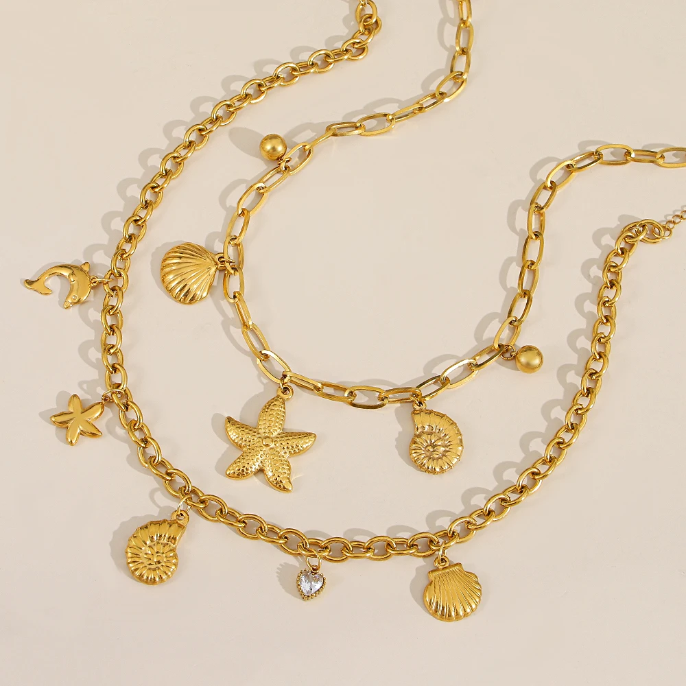 

Bohemia Stainless Steel Big Conch Starfish Pendant Necklace for Women Summer Beach Adjustable Golden Choker Neck Jewelry Gift