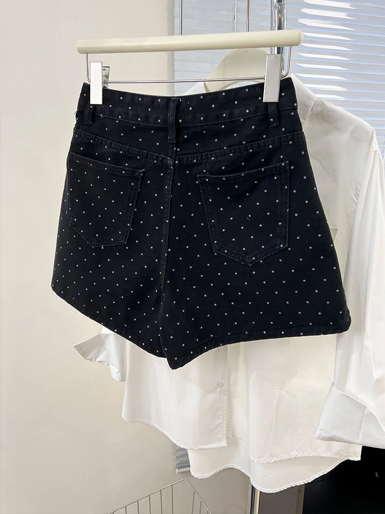 Weibliche Hohe Taille Abnehmen Schwarz Polka Dot Denim Shorts Sommer Neue Stil Vielseitig Breite Beine A-line Hüfte Hot Hosen