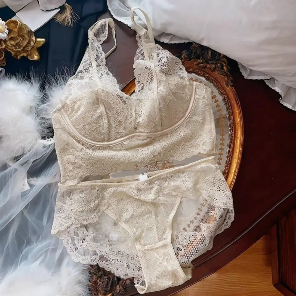 

Comfortable Wireless Lace Bra Briefs Set Mesh Transparent Sweet Bra Panties Set Low Waist Lingerie Women Underwear Girl