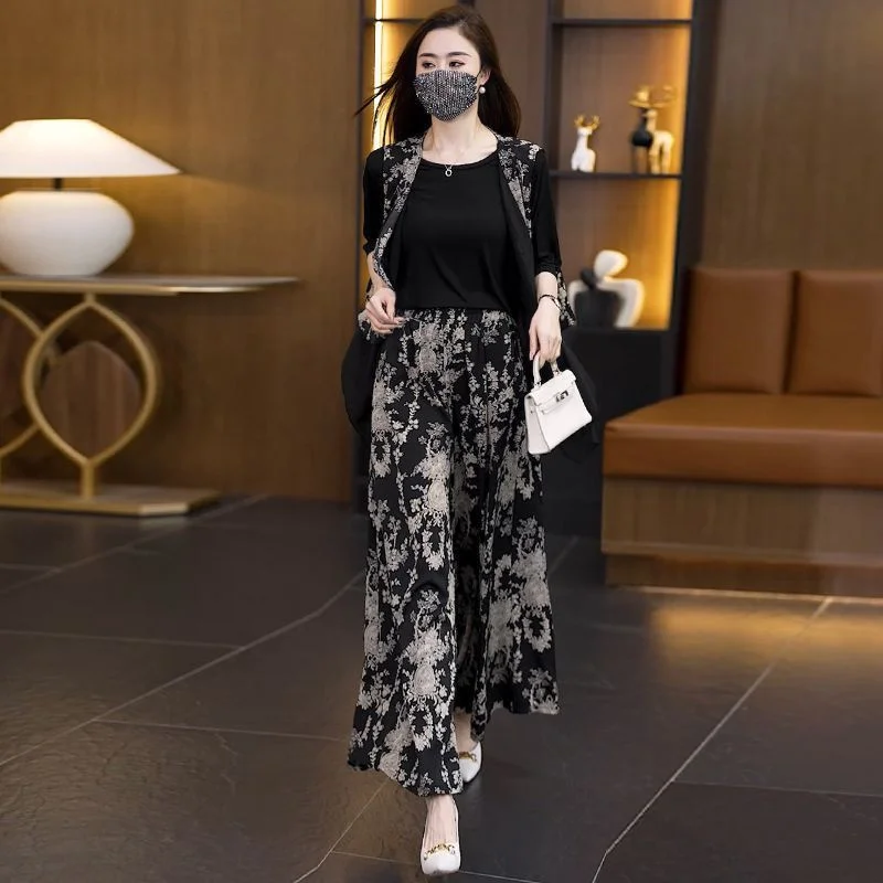 

Autumn Female New Large Size 5XL Patchwork Three Piece Suit Women Casual Loose Wide Leg Pantalons Outfit Ladies Fashion Top 3PCS