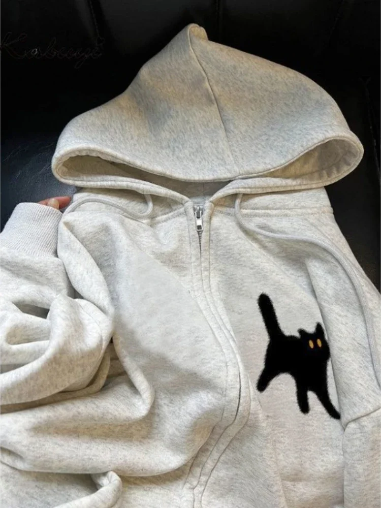 Korean Solid Loose Kpop Cat Print Hoodie Women's Clothing Korean Hooded Zipper Long Sleeve Outwear Casual Y2k Sweatshirts Tops