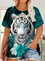 Summer 2025 Women Plus Size Casual T-shirt 3D Tiger Print Short Sleeved Women Sports Casual T-shirt Quick Drying and Breathable