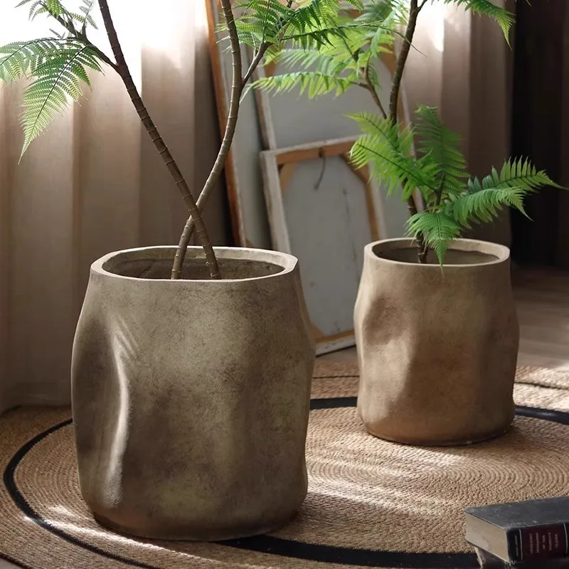 Nordic Creative Irregular Large Cement Floor Planter, Art Flower Pot Ornament for Indoor Living Room and Mall Decoration
