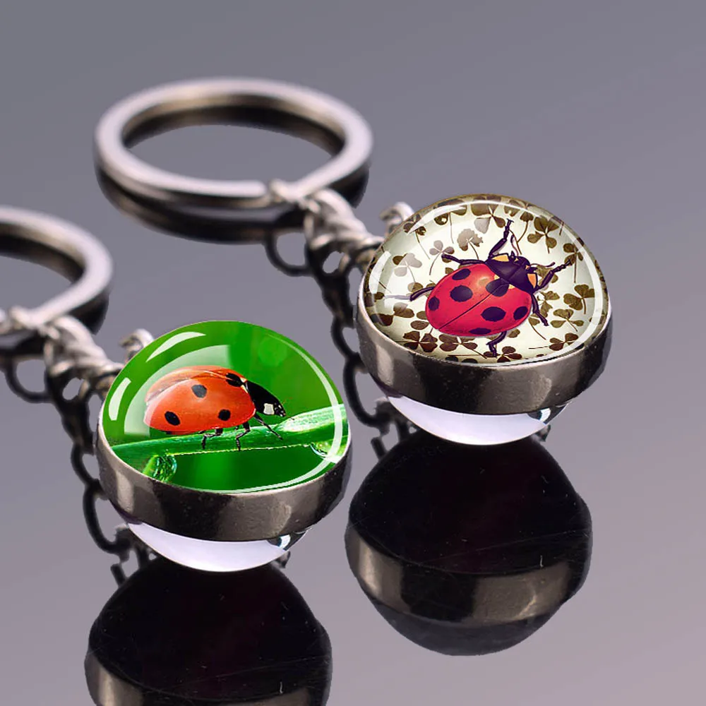 1pc Ladybug Cute Keychains Ladybird Lady Beetle Two-Sided Glass Ball Dome Wooden Pendant Key Chain Insect Keyring Jewelry Gift