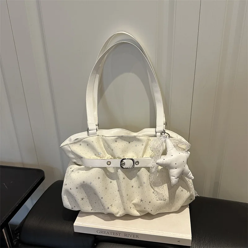 Vintage Star Belt Boston Shoulder Bags for Women Casual Pleated Design Ladies Underarm Bag Large Capacity Girls Tote Handbags