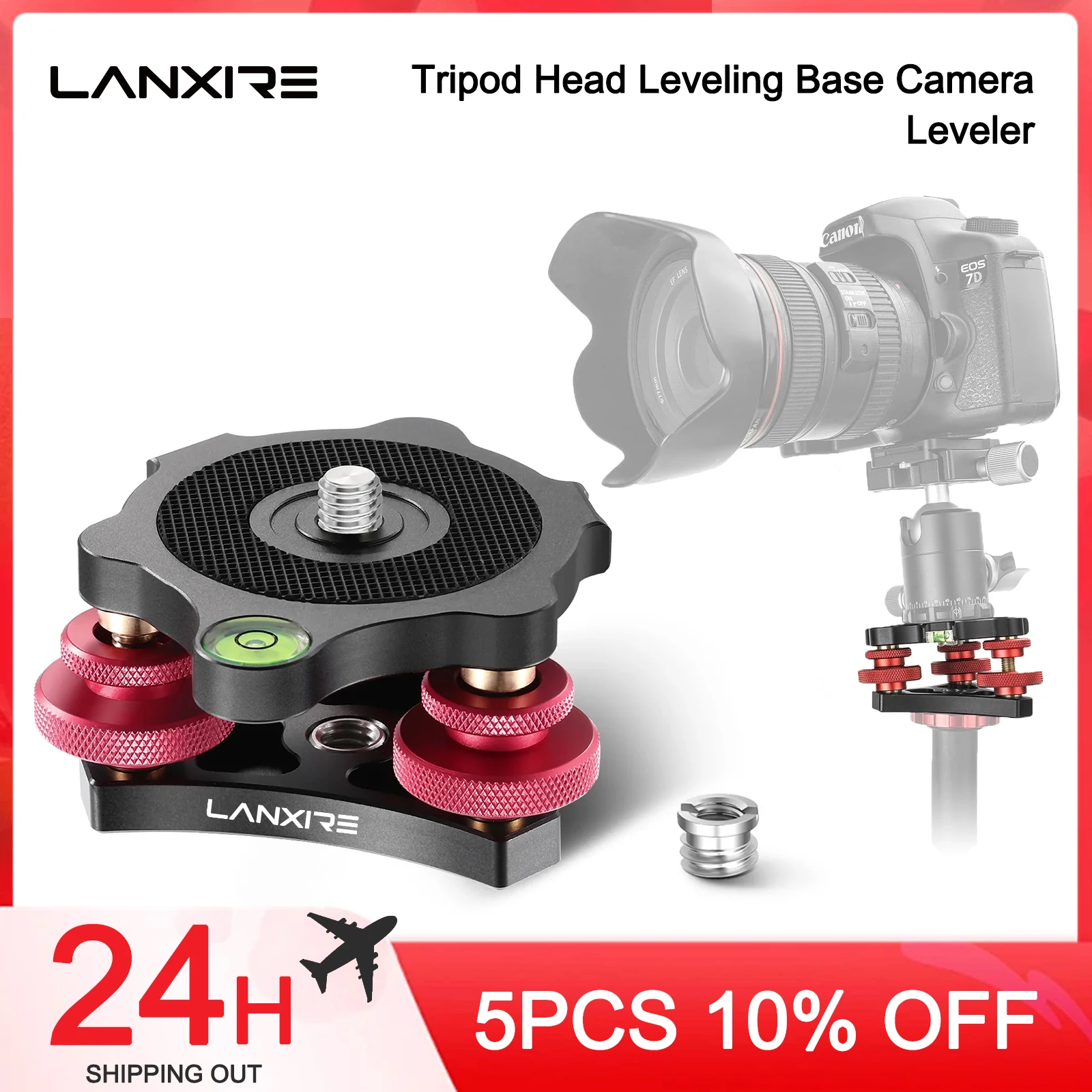 Lanxire Tripod Head Leveling Base Camera Leveler, Aircraft Grade Aluminum Alloy 3 Axis Tri Wheel Head, 3/8” Thread