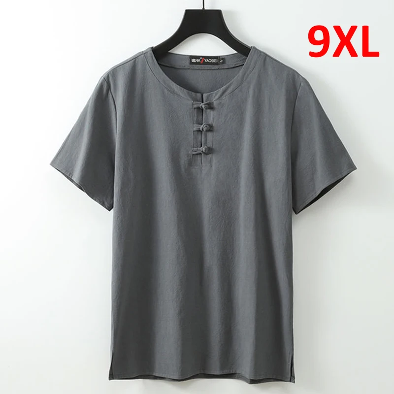 Summer Linen T-shirt Men Solid Color Tshirt Fashion Casual Linen Tees Tops Male Chinese Style Buttons T Shirts Plus Size 8XL 9XL