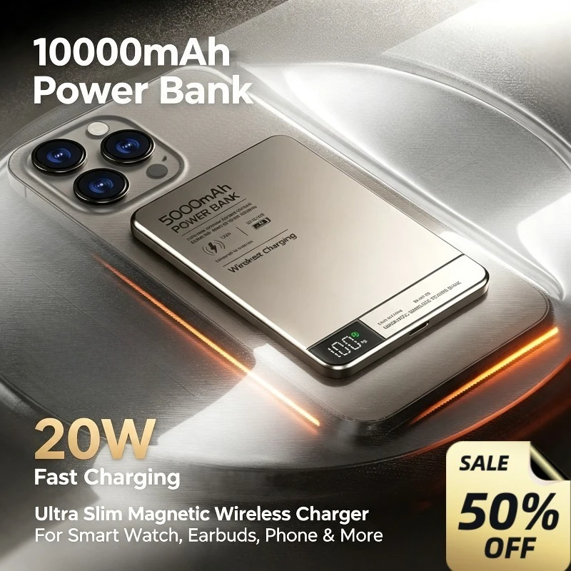 Magnetic Wireless Power Bank 10000mAh 20W PD Fast‑Charging Portable Metal Powerbank For iPhone Smart Watch Earphones