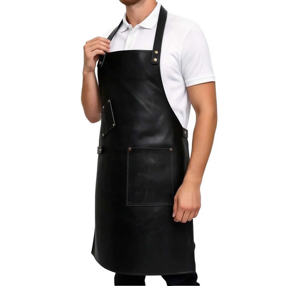 Grilling apron made from PU leather with oil-repelling finish and For watertight layer plus two pockets for quick item retrieval