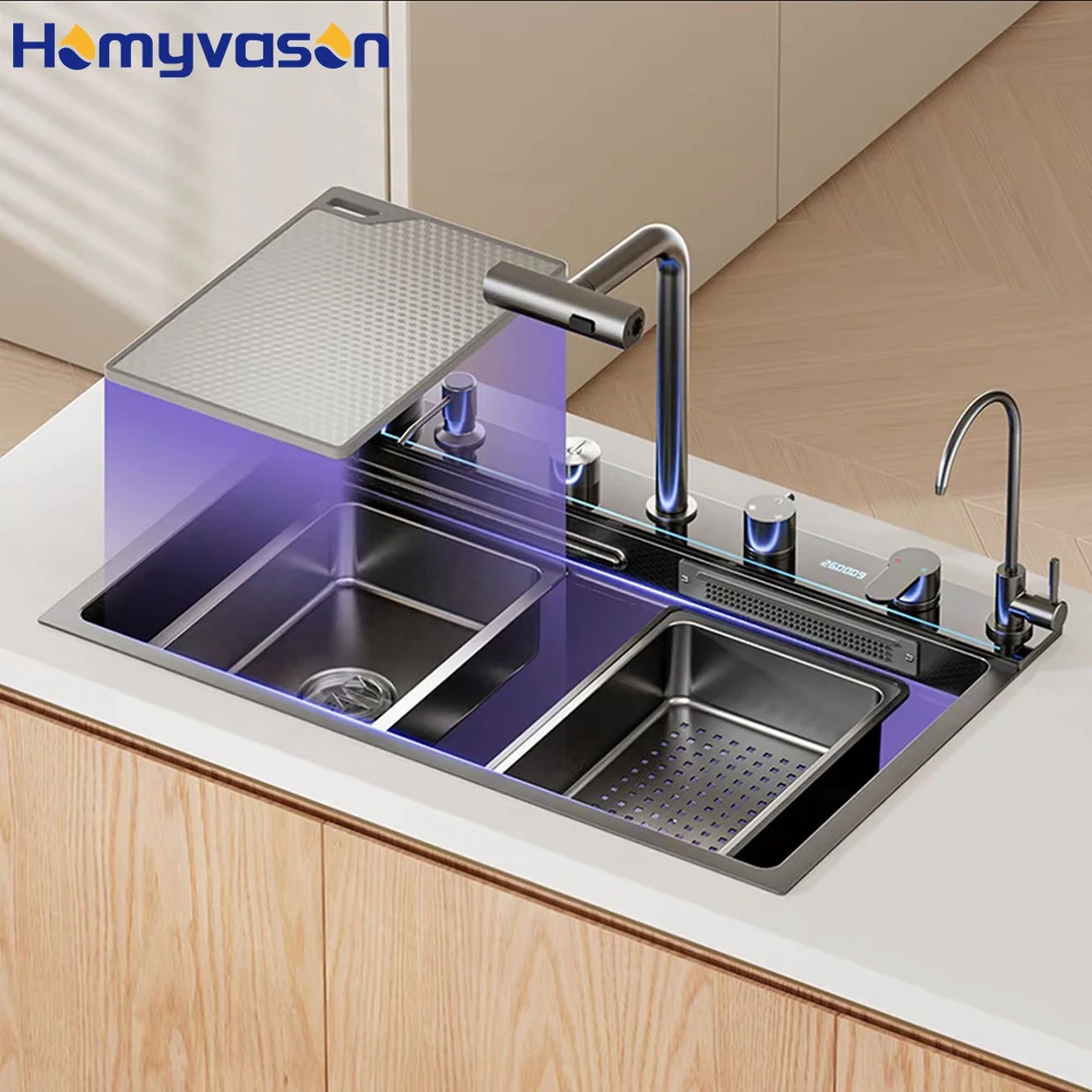 

68/75/80cm Anti-scratch LED Digital Display Multifunctional Waterfall Sink Slot Single Bowl 304 Stainless Steel Kitchen Sink