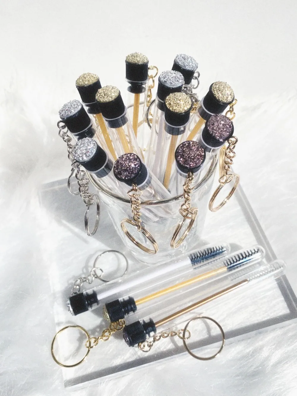 Gold Reusable Eyelash Brush Tube Keychain Plastic Lash Spoolie Container Glitter Cils Mascara Wands Keyring