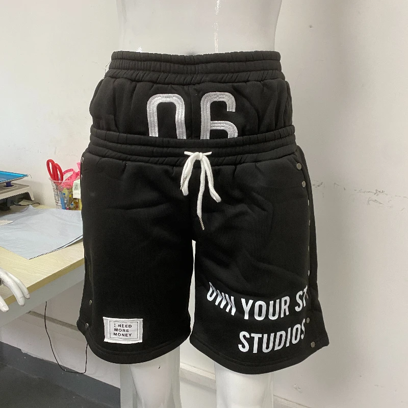 Double waisted design high waisted shorts with digital embroidery and drawstring, hip-hop street style pants for men