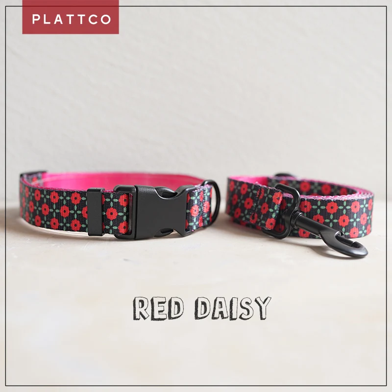 

PLATTCO unique designed large medium small collar with RED DAISY high quality buckle dog collar leash set ​5 size PDC303