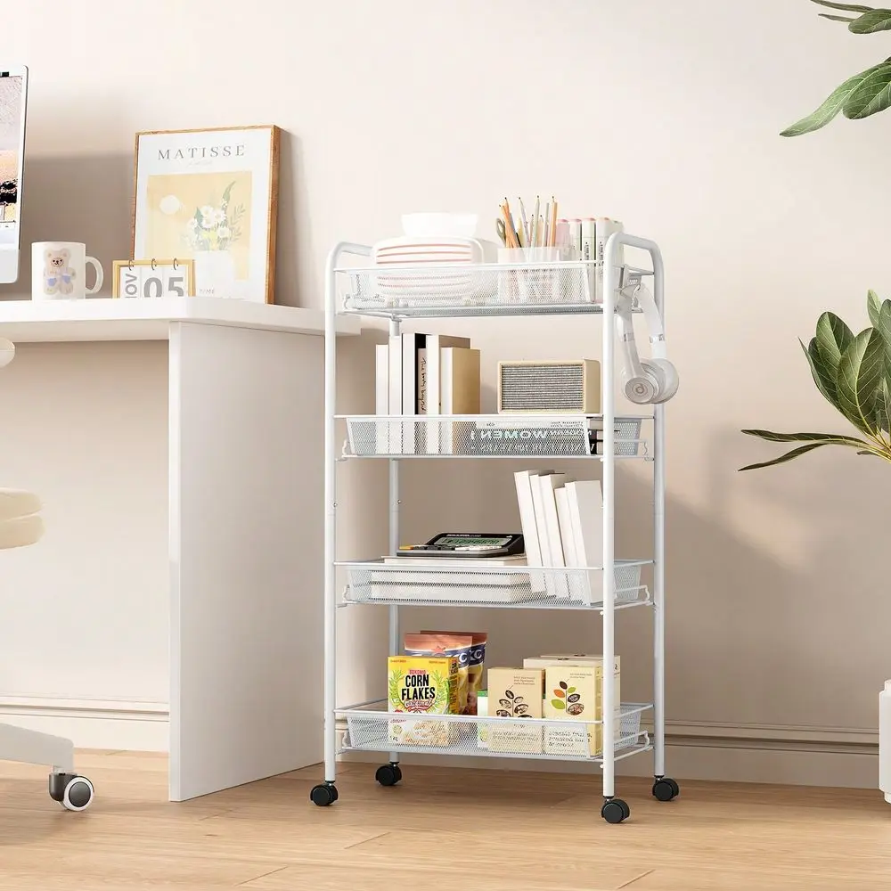 

4Tier Rolling Cart, Metal Utility Cart With 3 Hooks, Easy Assemble Mobile Storage Trolley On Wheels, Metal Shelving Units Kitch