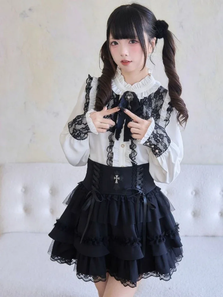 Japanese Sweet Lolita Stand Neck Ruffled Shirt Y2k Aesthetic Lace Patchwork Grunge Blouse Women JK Loose Puff Sleeve Blouses