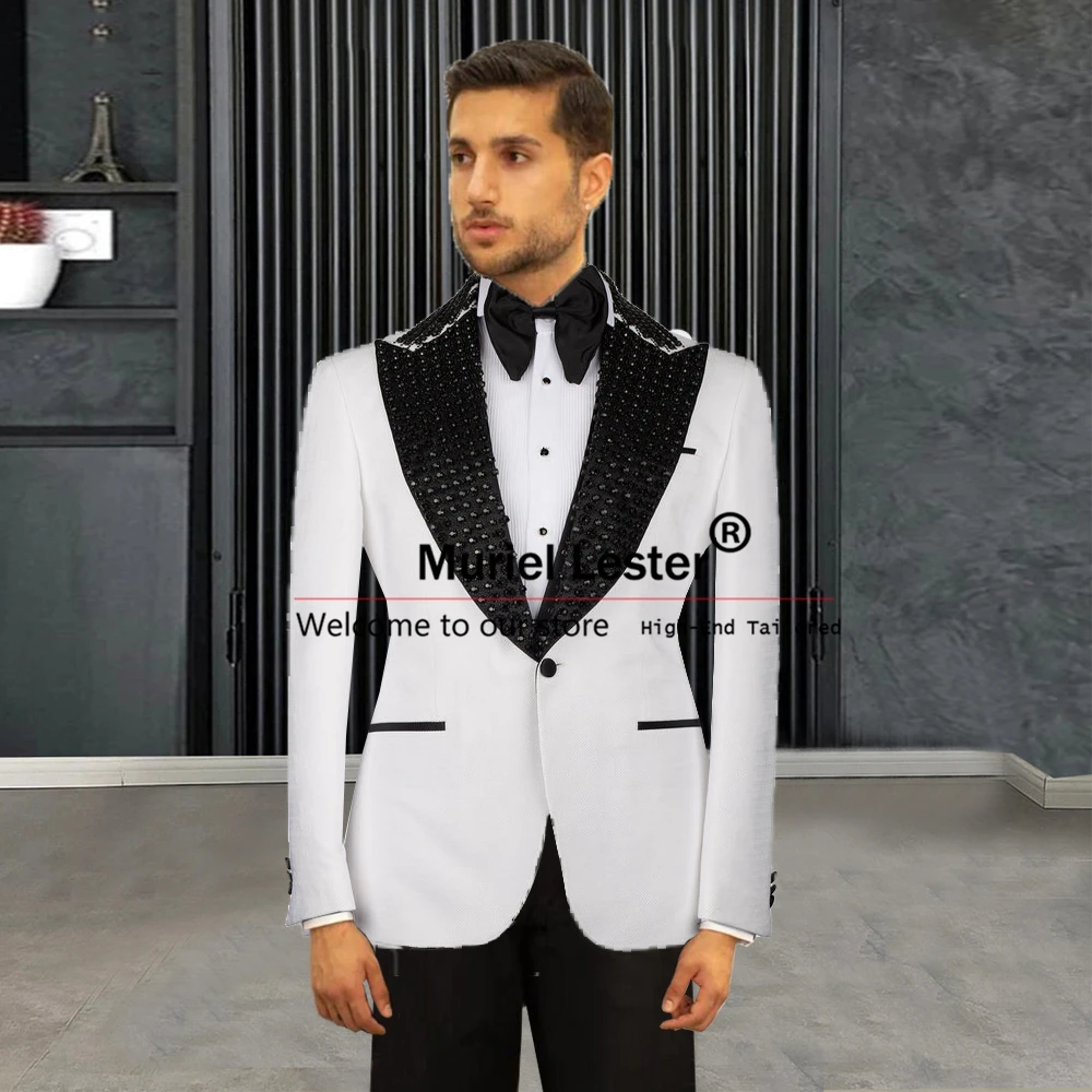 Luxury Beaded Stone Suits Men For Wedding Black Peaked Lapel White Jacket Pants 2 Pieces Man Tuxedos Custom Made Men's Dresses