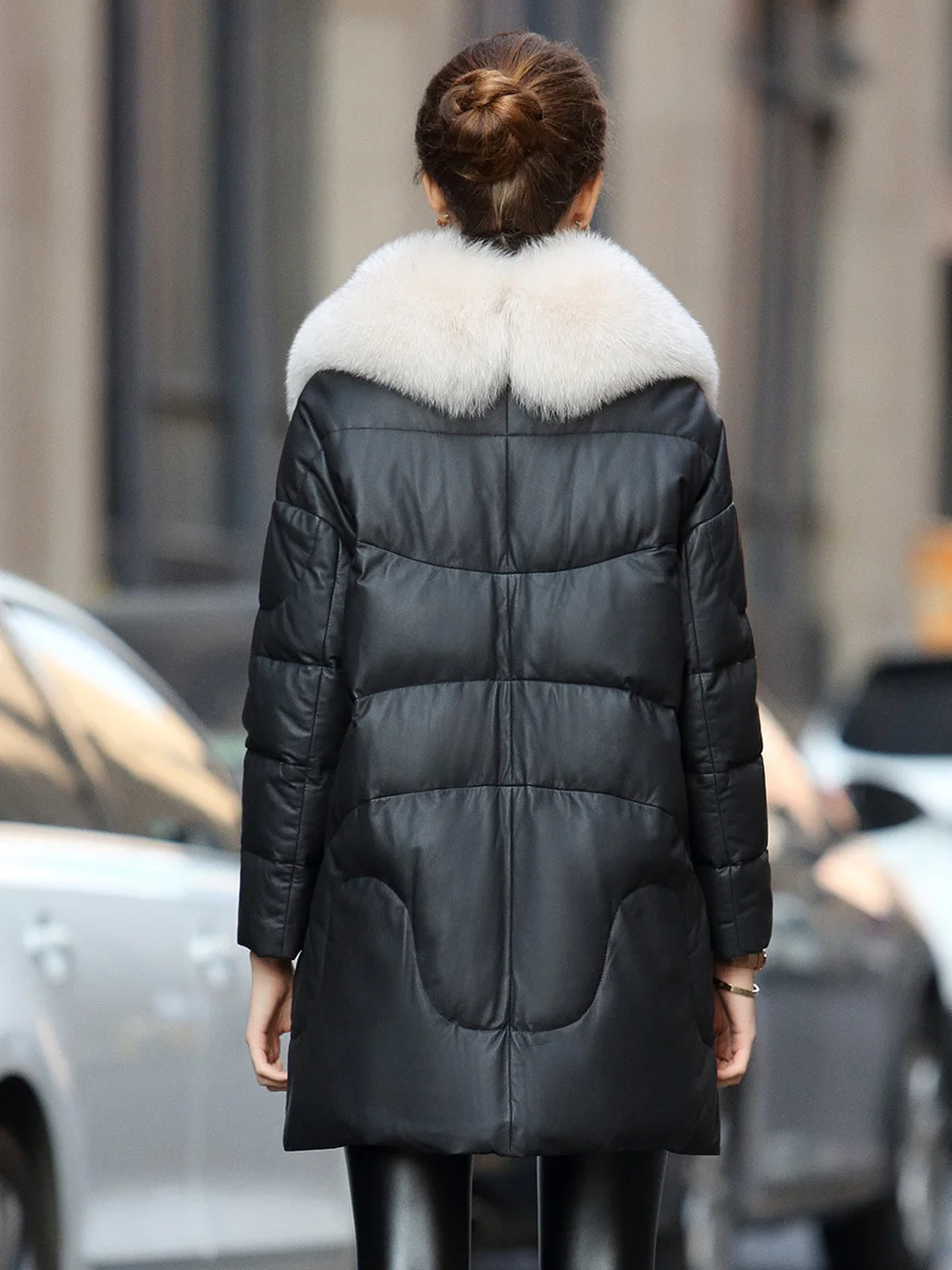 2023 New 90% White Duck Down Women's Down Jackets Fox Fur Collar Real Sheepskin Women's Leather Jacket Winter Coat Fem