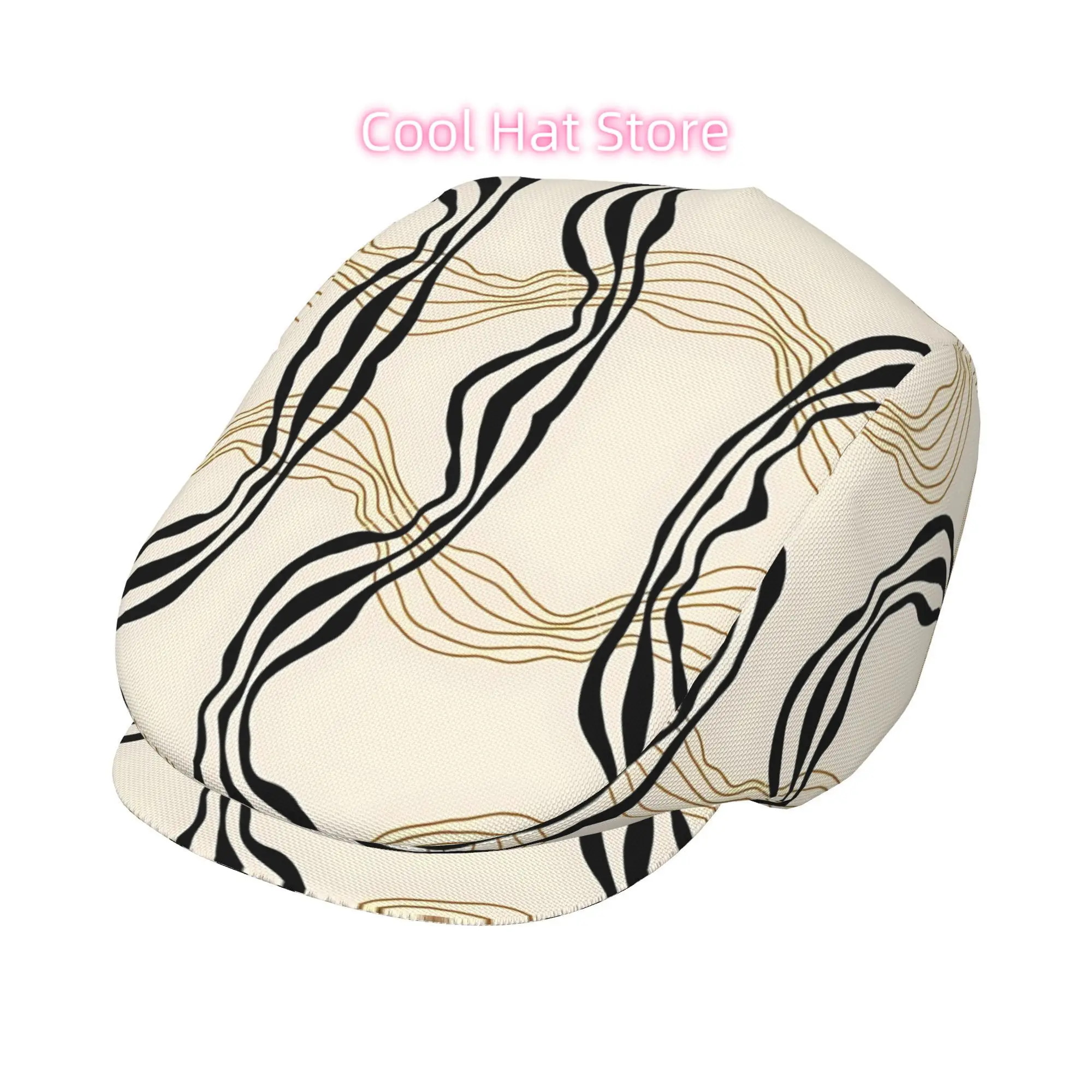 Golden & Black Flowing Lines Men Beret Hat Polyester Adjustable Newsboy Hats Cabbie Gatsby Cap Driving Flat Caps Women Cabbie Ca