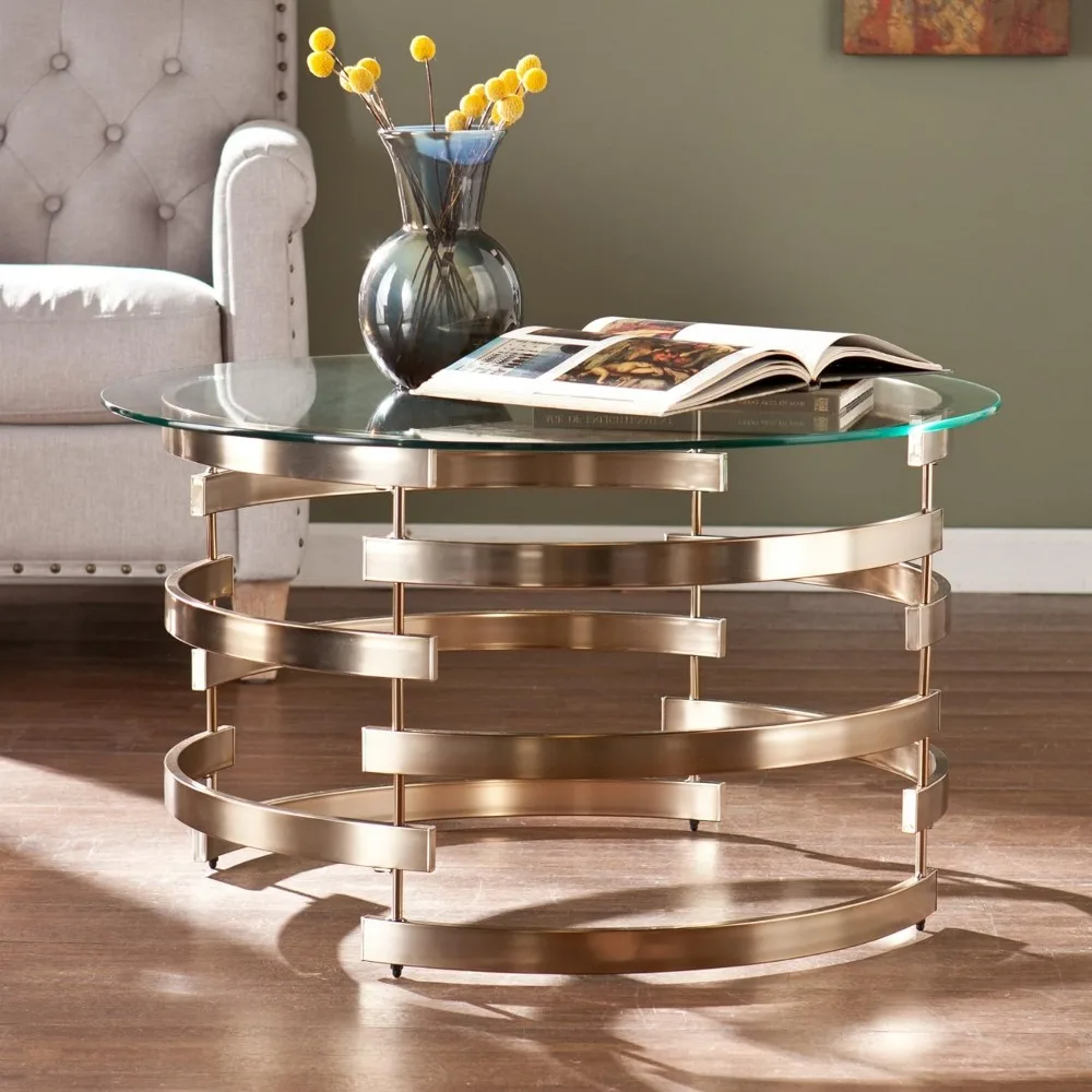 Belmar Contemporary Round Glass Top Coffee Table, 32D x 32W x 18.5H in, Champagne