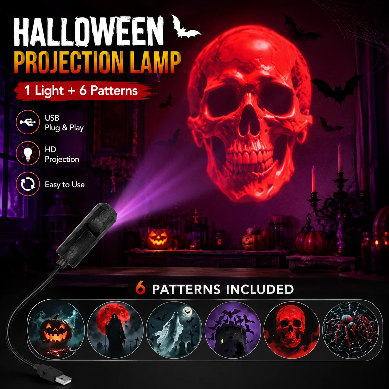 Halloween USB Projection Lamp with 3 or 6 Pattern Slides, Ghost Bat Skull Spider LED Light for Party Bedroom Holiday Decoration