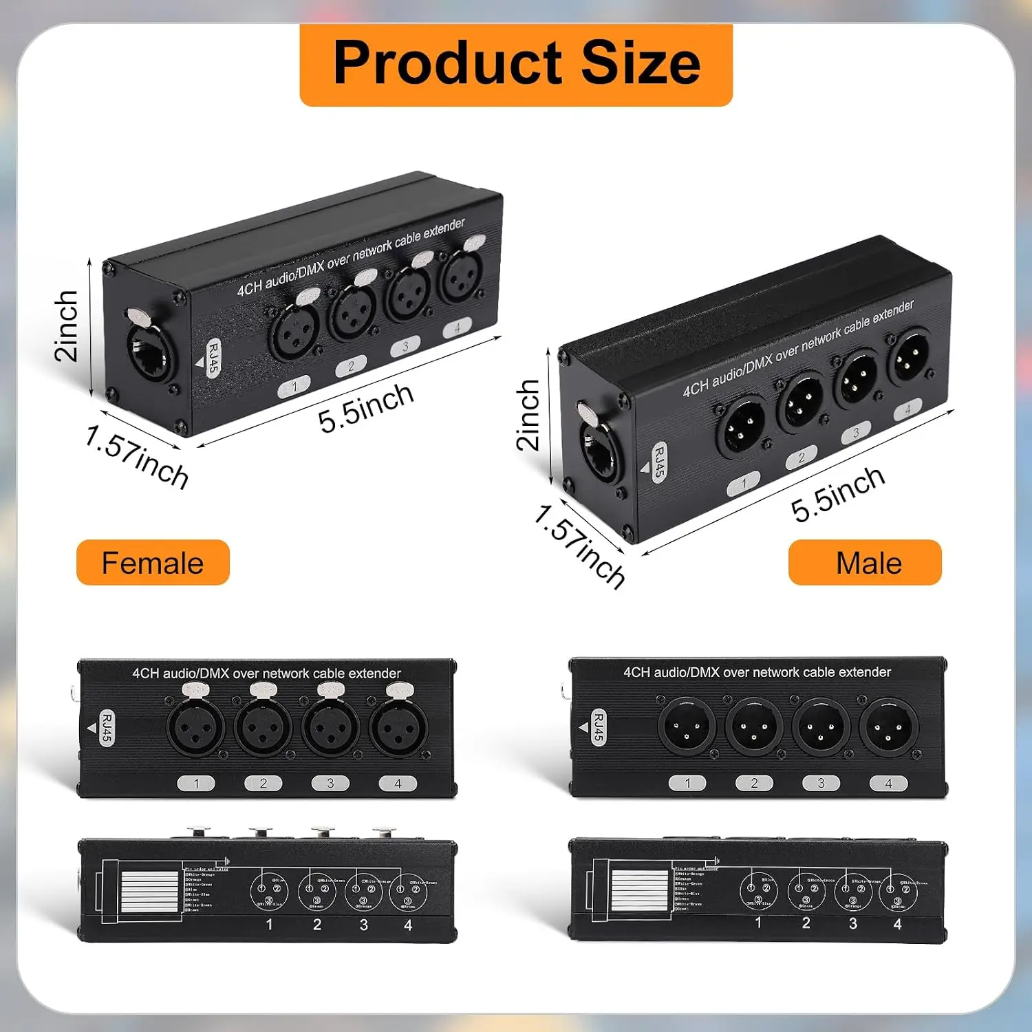 4CH 3Pin XLR Audio/DMX Over RJ45 Extender Male Female Network Cable Adapter for Stage Lighting Recording Studio