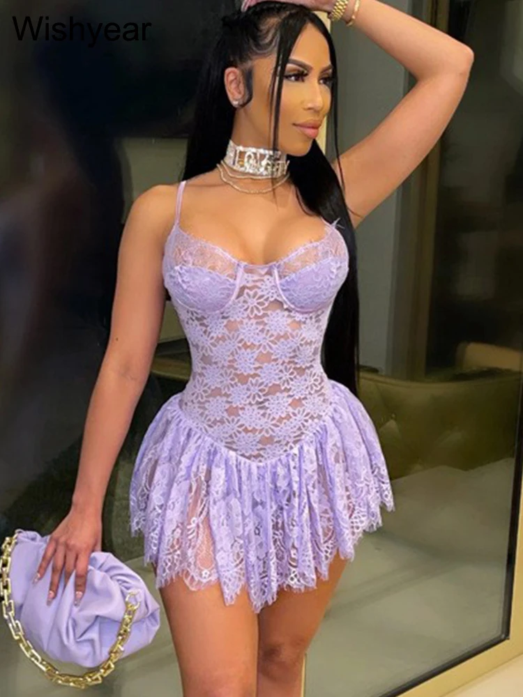 Wishyear สปาเก็ตตี้เซ็กซี่สายคล้องลูกไม้ดูผ่าน Bodycon มินิชุดผู้หญิงเซ็กซี่ไนท์คลับสาวร้อนปาร์ตี้เต้นรําบาร์ Vestidos 2025