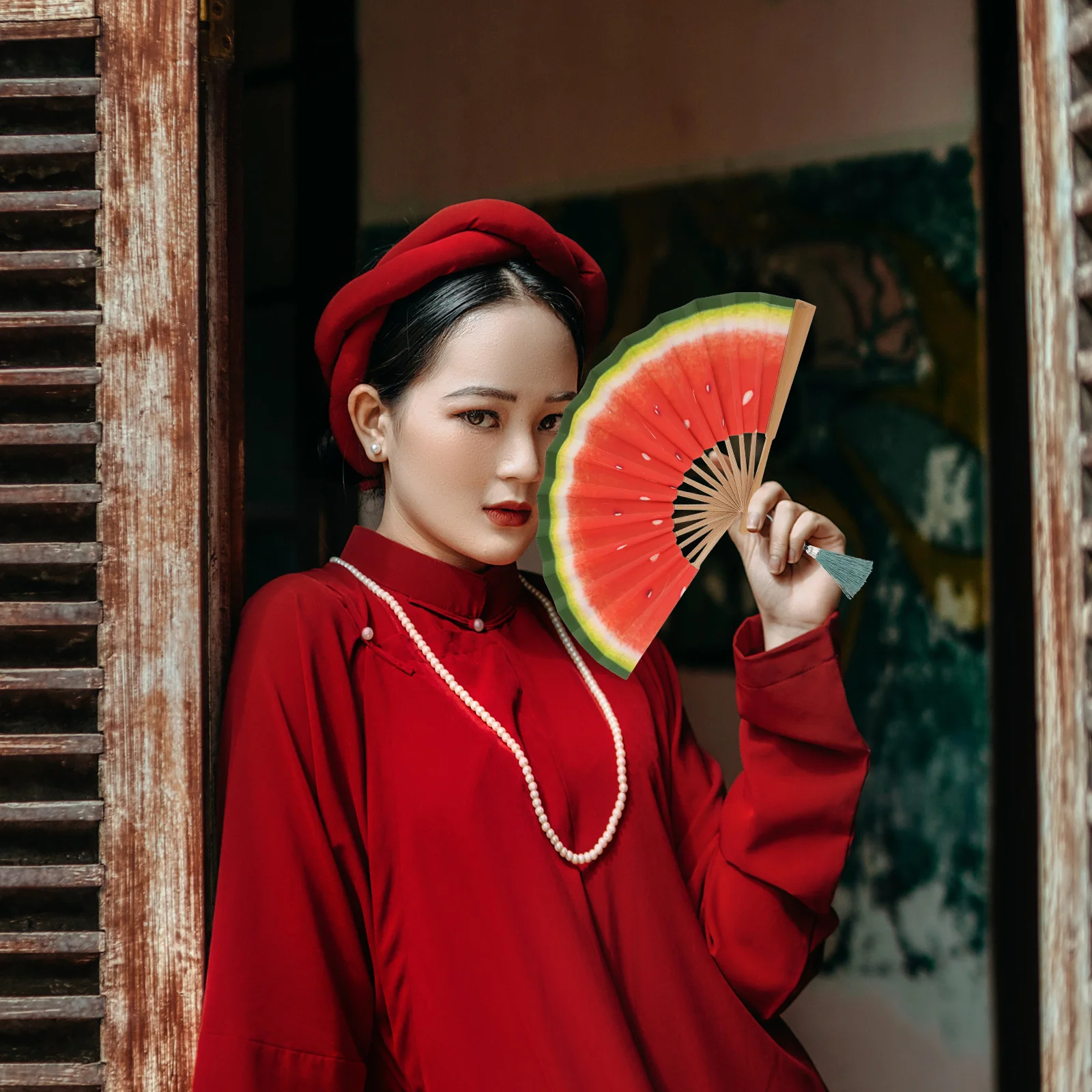 

Handpainted Watermelon Folding 5 Inch Bamboo Handheld Summer Festival Dance Party Compact Lightweight Fruit Design Tassel