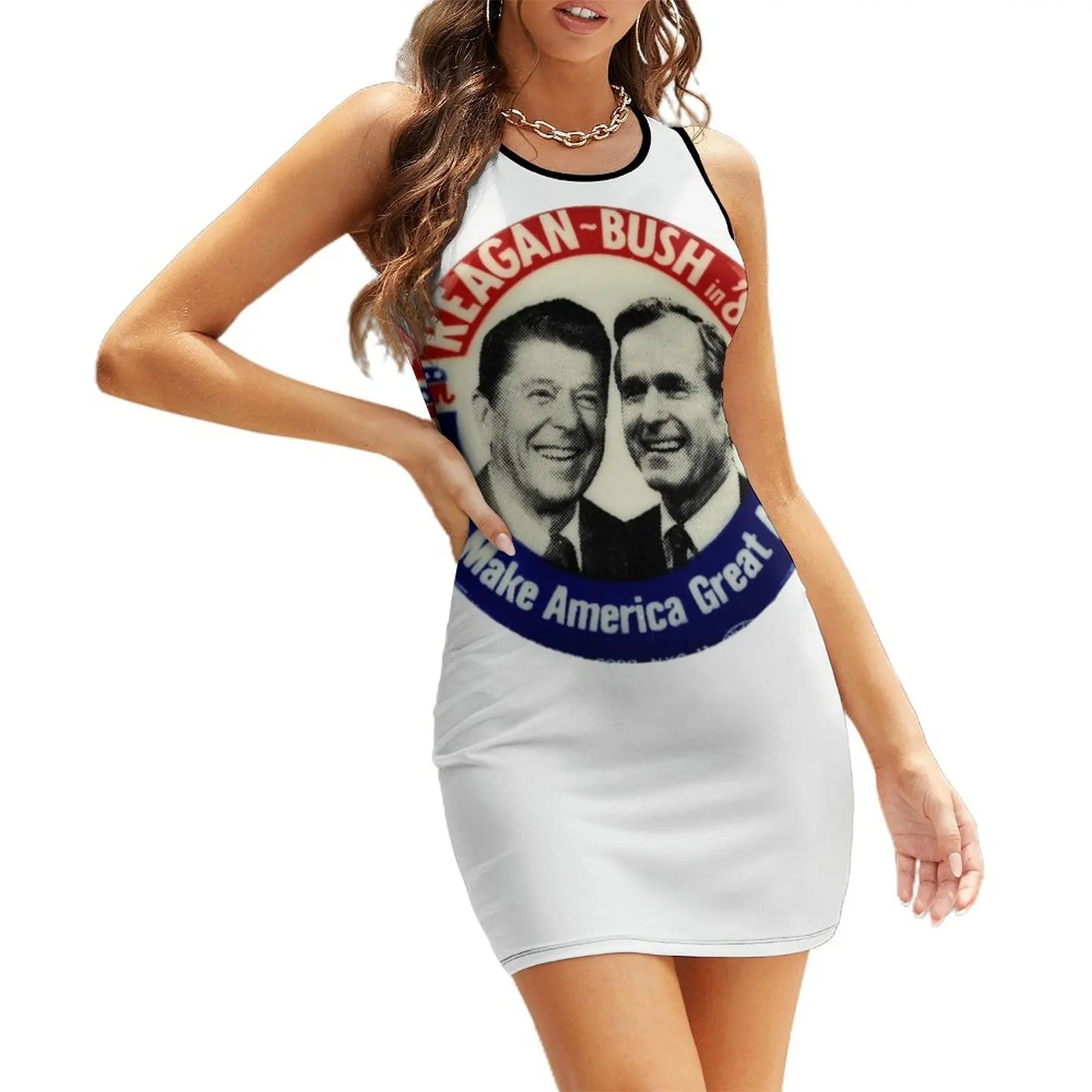 

Reagan Bush '84 '80 Retro Logo Red White Blue Election Ronald George 1984 84 1980 80 Pin Sleeveless Sundress
