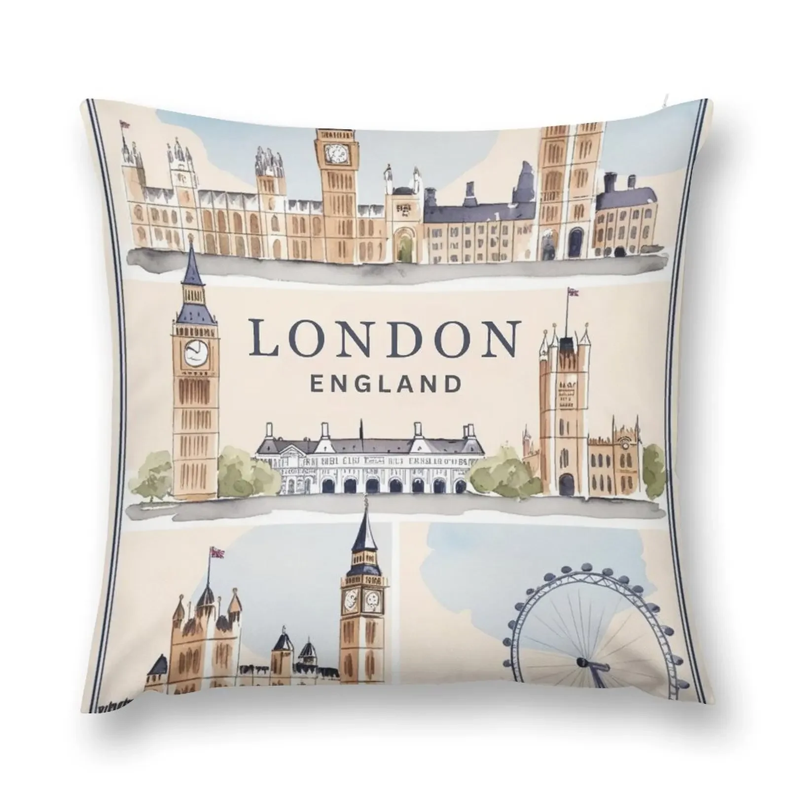 

London Landmarks Watercolor Travel Art - Vintage Style British Architecture Illustration Throw Pillow Pillowcases pillow