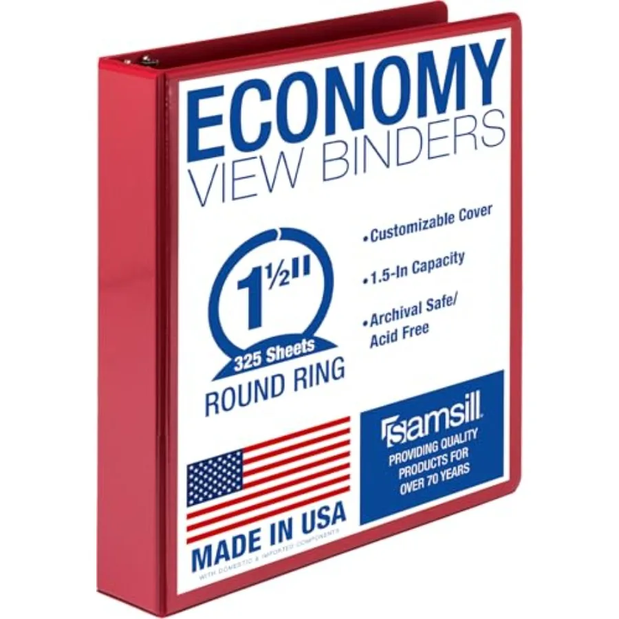 

1.5 Inch 3 Ring Binder, Economy Round Ring, Clear View Cover, 325 Sheet Capacity - for School, Home, Office - Red
