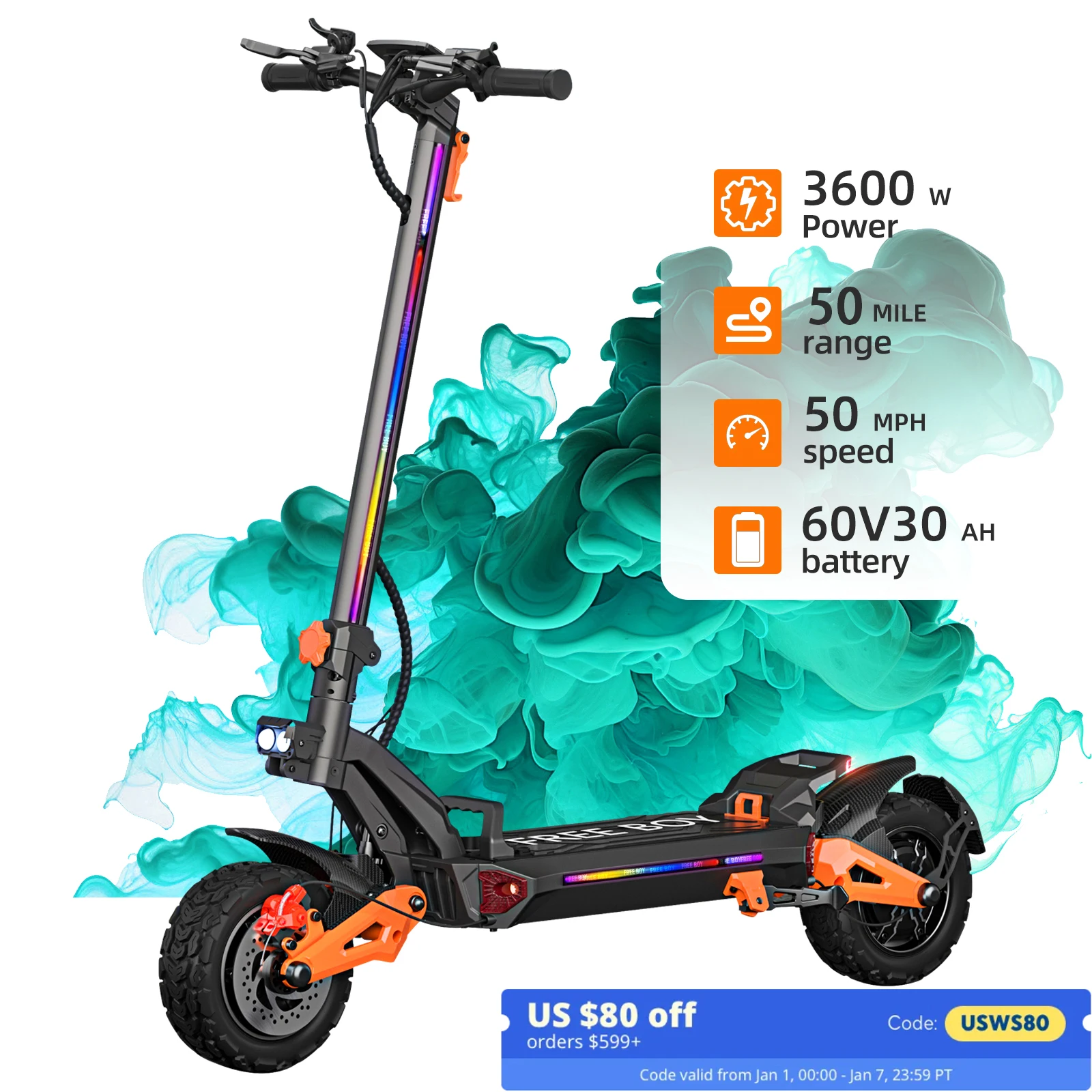 Dual Motor Powerful Electric Scooter 3600W, Range 45Miles, Load 440lbs, 50MPH Foldable Fast Electric Scooter for Heavy Adults