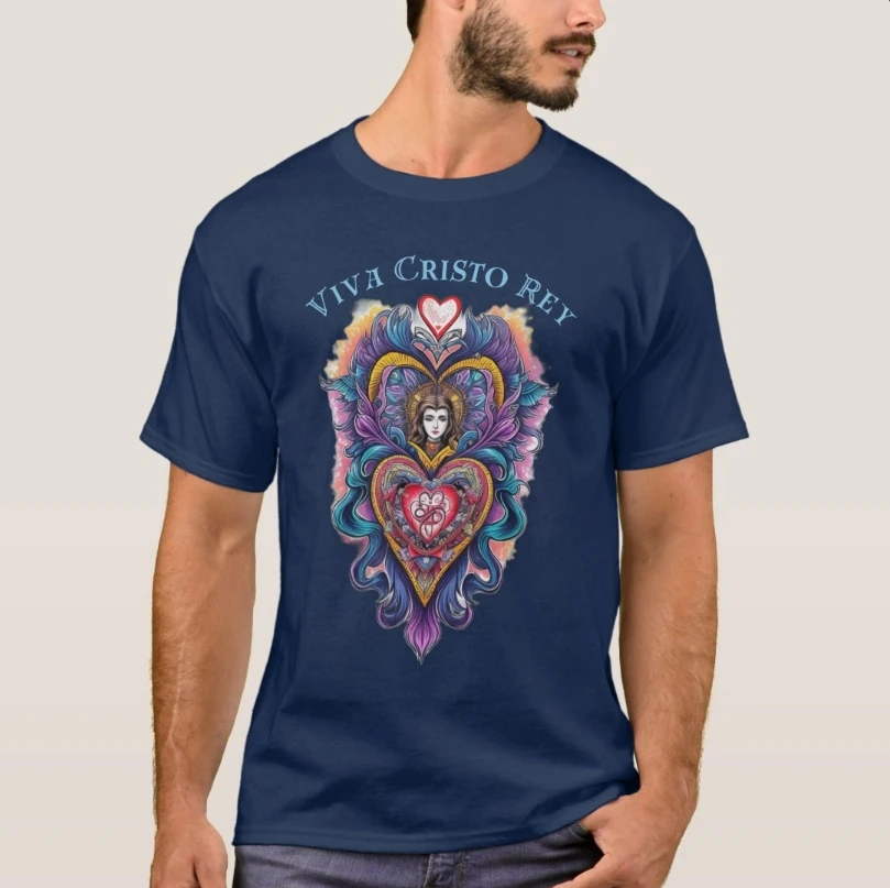 Viva Cristo Rey Sacred Heart Roman Catholic T-Shirt 100% Cotton O-Neck Summer Short Sleeve Casual Mens T-shirt Size S-3XL