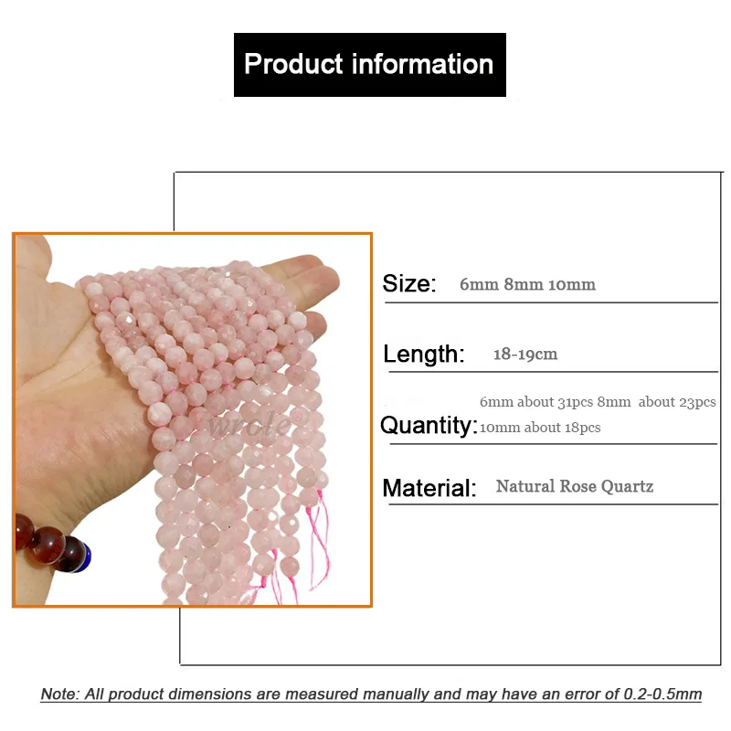 Natural Stone Faceted Rose Quartz Loose Round Spacer Beads  For Jewelry Making DIY Bracelet Handmade Accessories 6 8 10MM