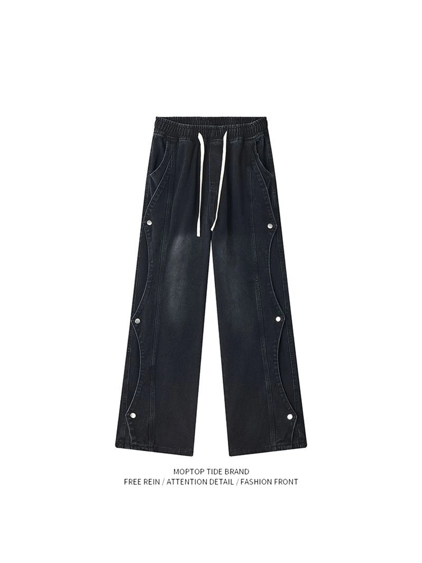 

American Retro Patchwork Button Men's Loose Wide Leg Dstring Workwear Jeans Trendy Brand Casual mid Waist Polyester Fiber