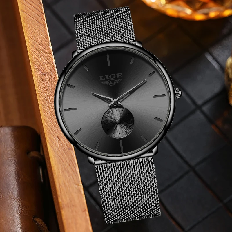 LIGE Classic Luxury Quartz Watch Fashion Ultra Thin Classic Simple Dial Steel Mesh Strap Waterproof Watches for Men Montre Homme